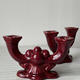 Pair of 1950s burgundy earthenware candlesticks