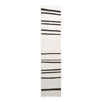 Beige & Black Striped Pattern Vintage Kilim Rug, 74x351 Cm