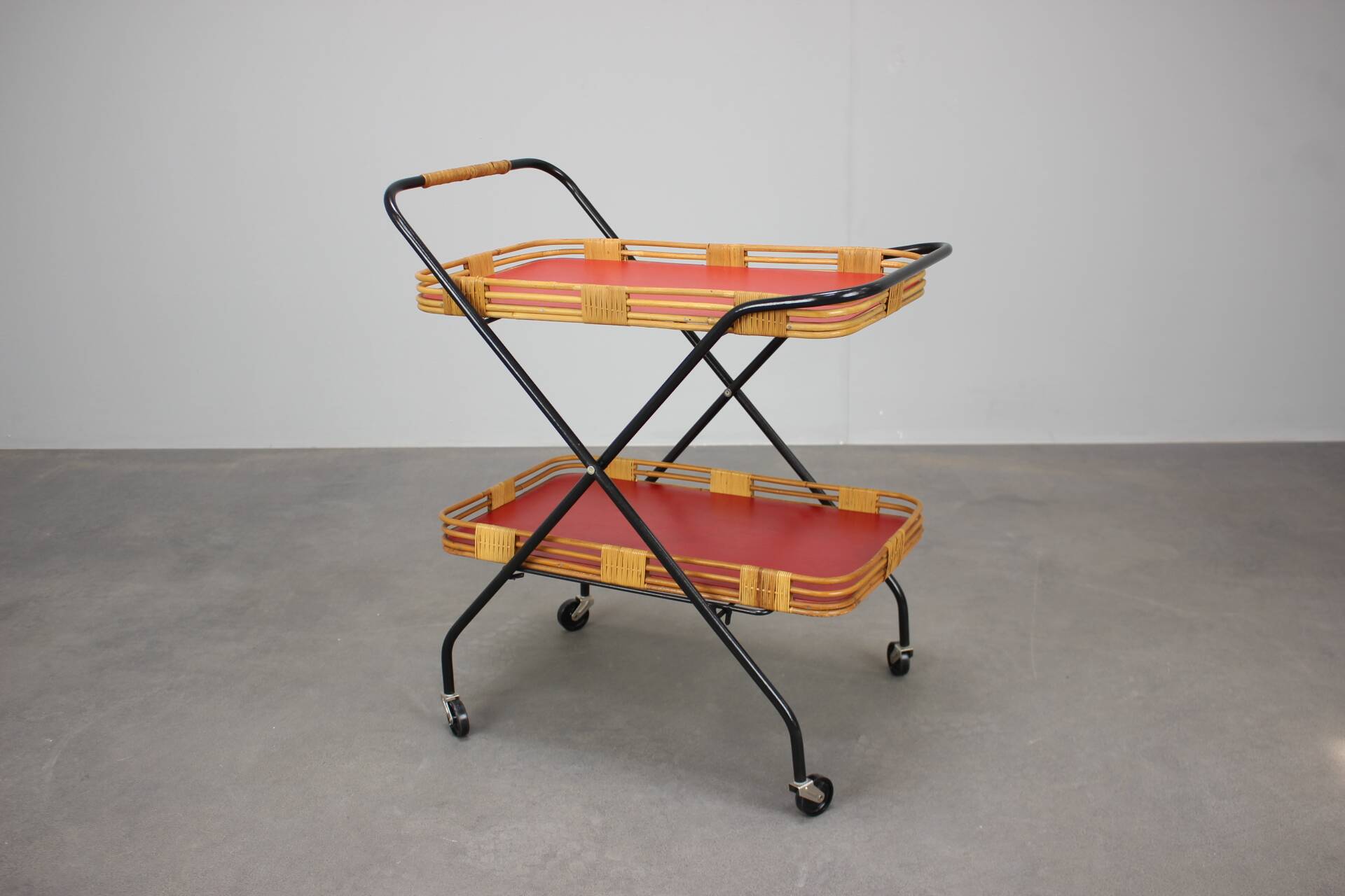 1960s Czechoslovak Mid-Century Folding Bamboo Serving Trolley Bar Cart
