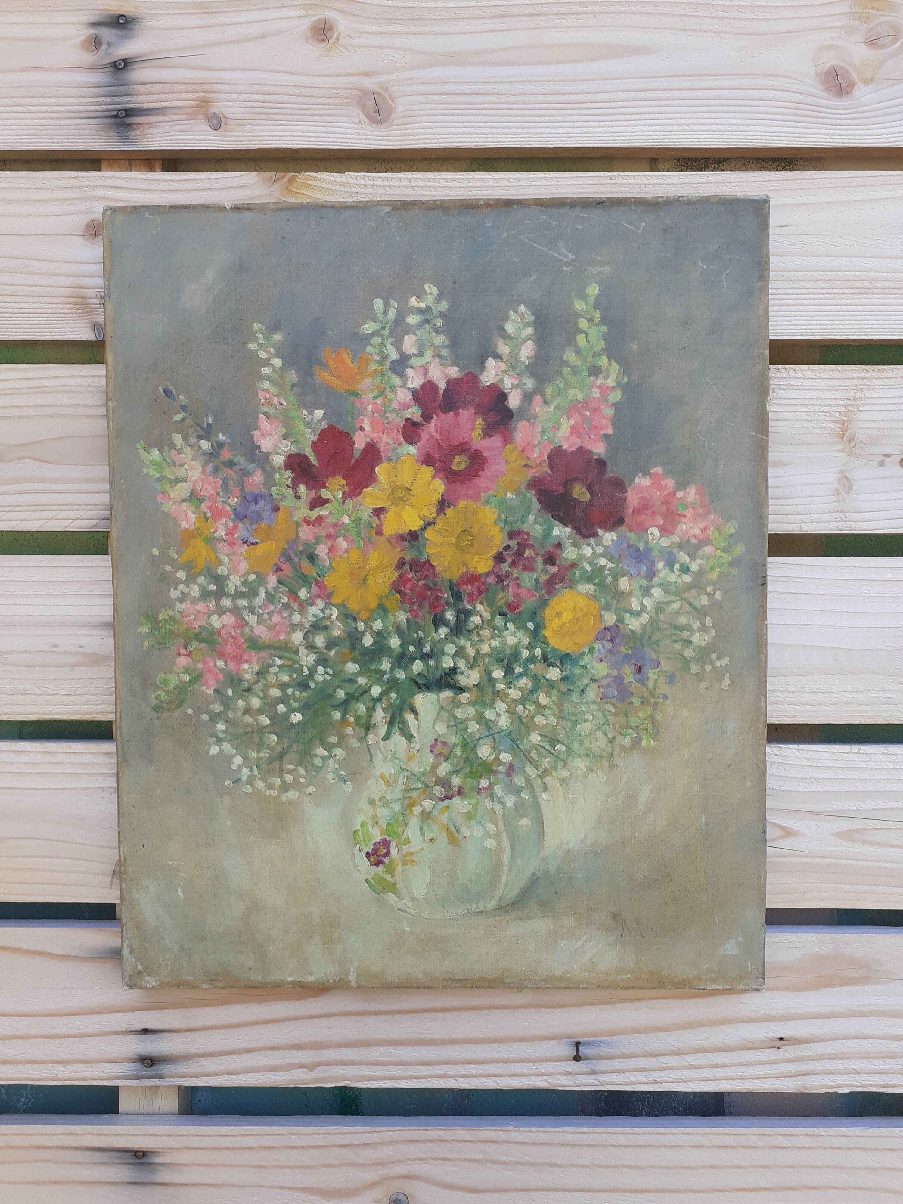 The summer bouquet of flowers, oil on old canvas