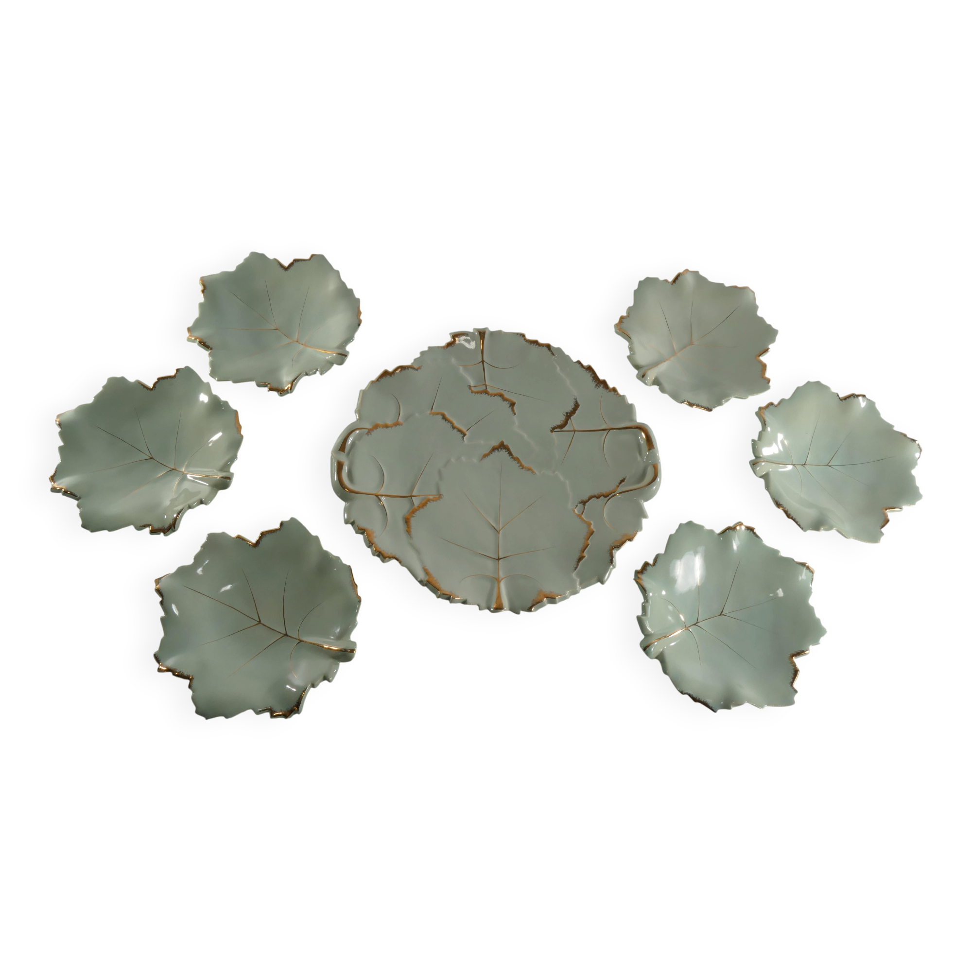 Art Deco Pistachio and Gold Leaf Plates Viloca Paris Caffarelli