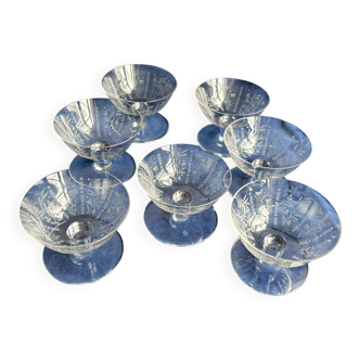 7 Baccarat engraved crystal champagne glasses