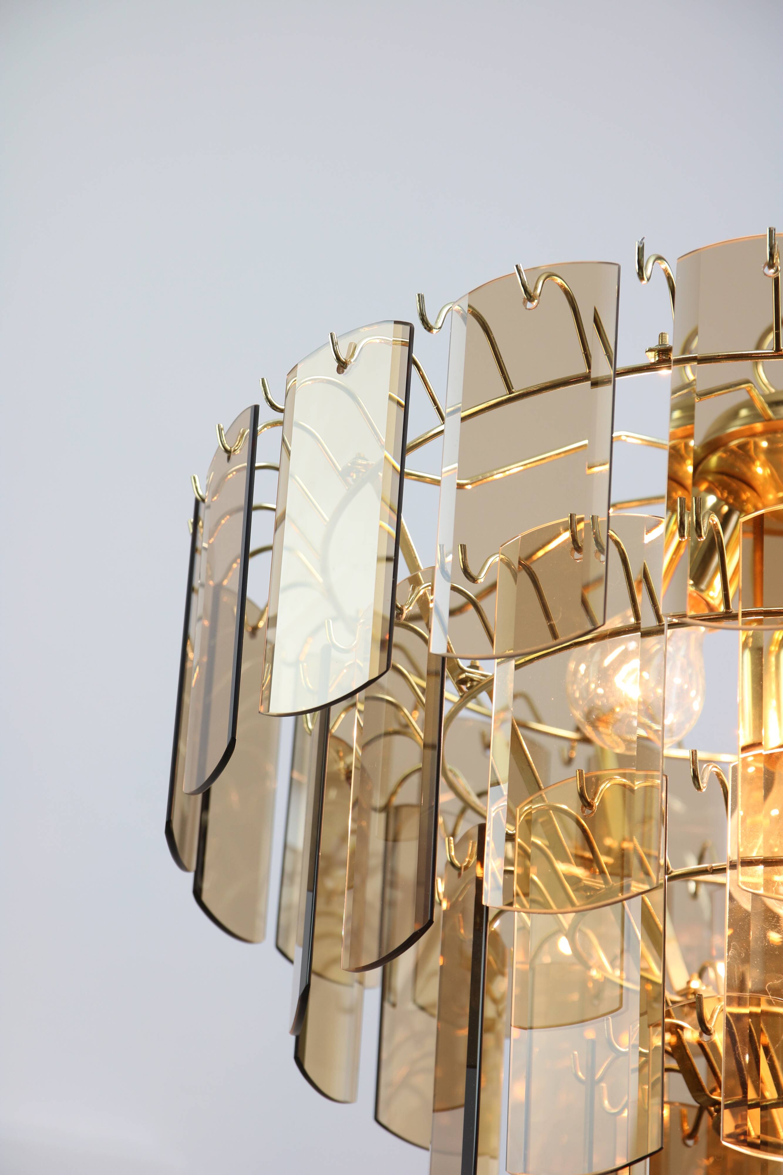 Vintage Veca Chandelier: Italian 1970s Smoked Glass & Brass Pendant Lamp