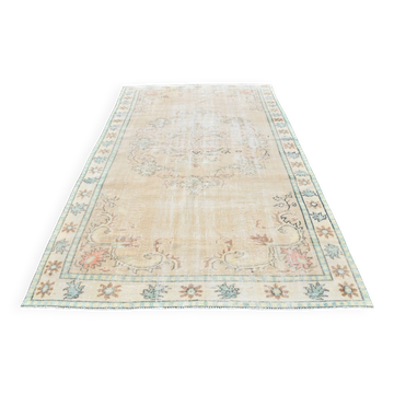 Tapis Turc Vintage, Laine Patinée Beige et Bleu Aqua Pâle, 192x295 Cm