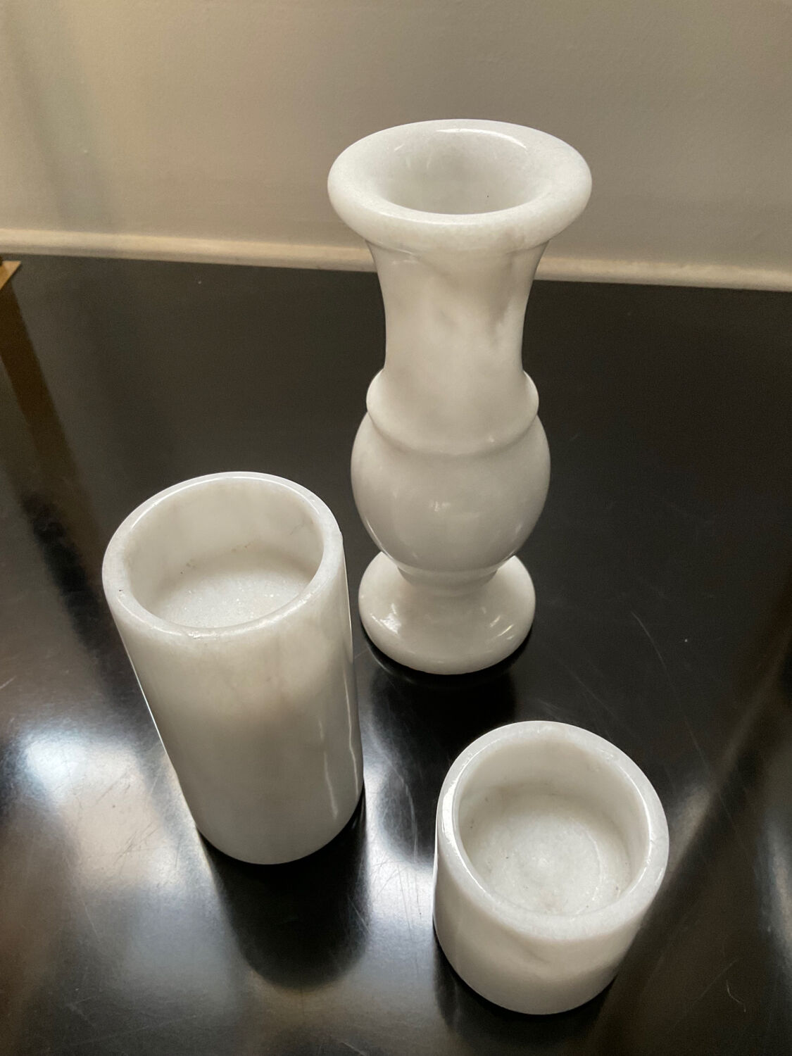 Trio of vintage candle holders in white marble