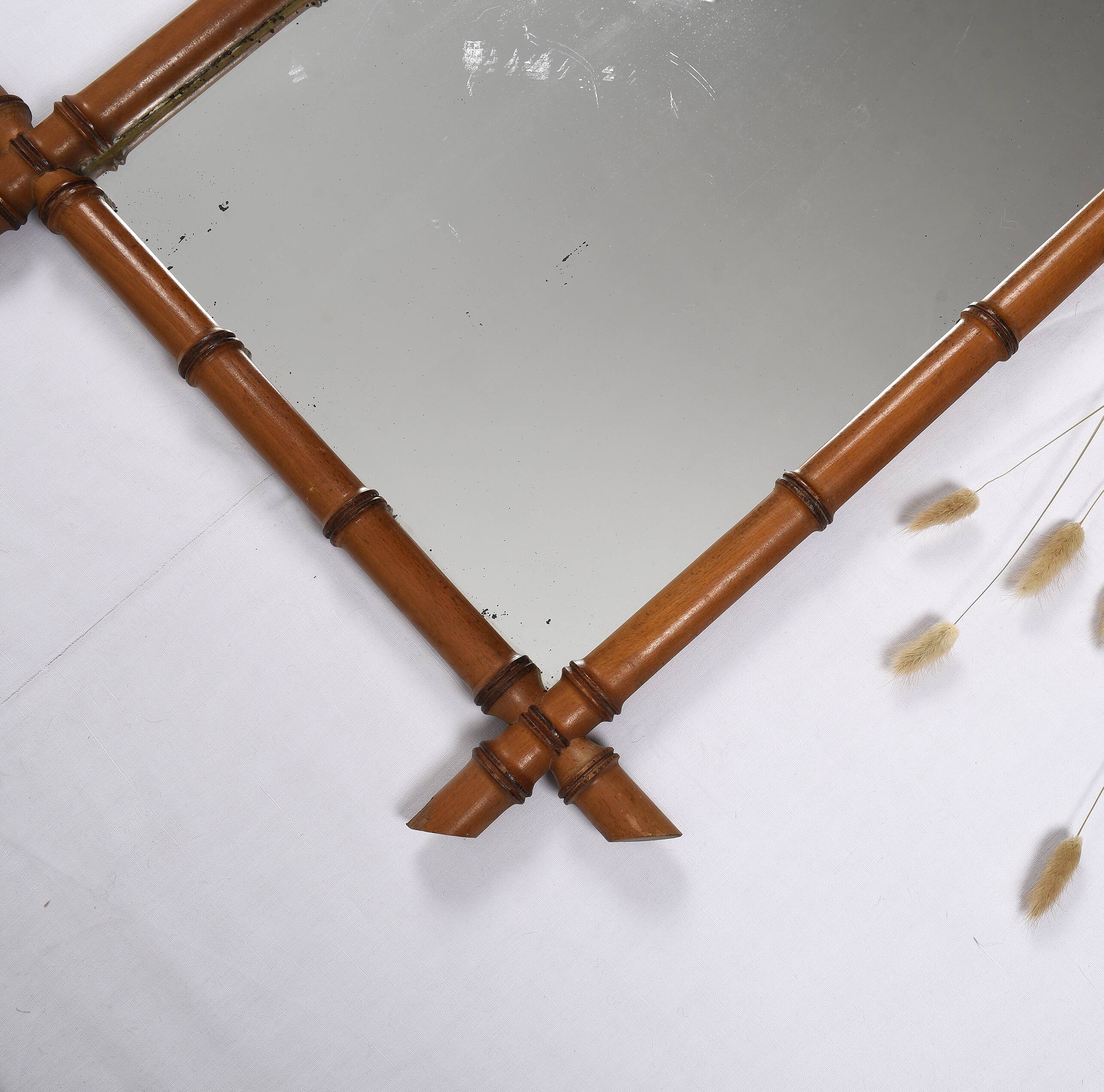 Old turned wooden mirror imitation bamboo
