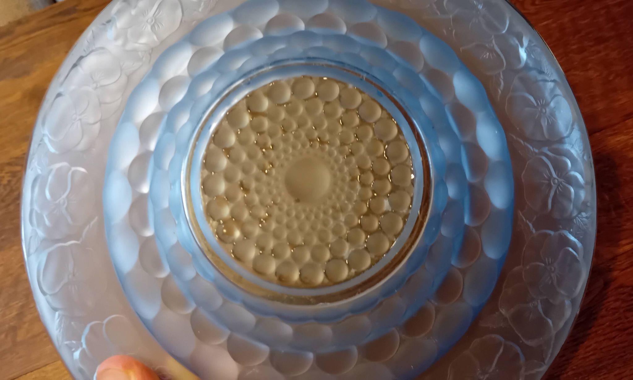 Art Deco blue glass centrepiece bowl with pansy decoration - 30 cm