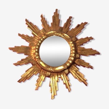 Mirror sun gilded wood leaf 57 cm, middle XXth