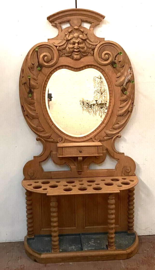 Coat rack and umbrella in carved oak XX century