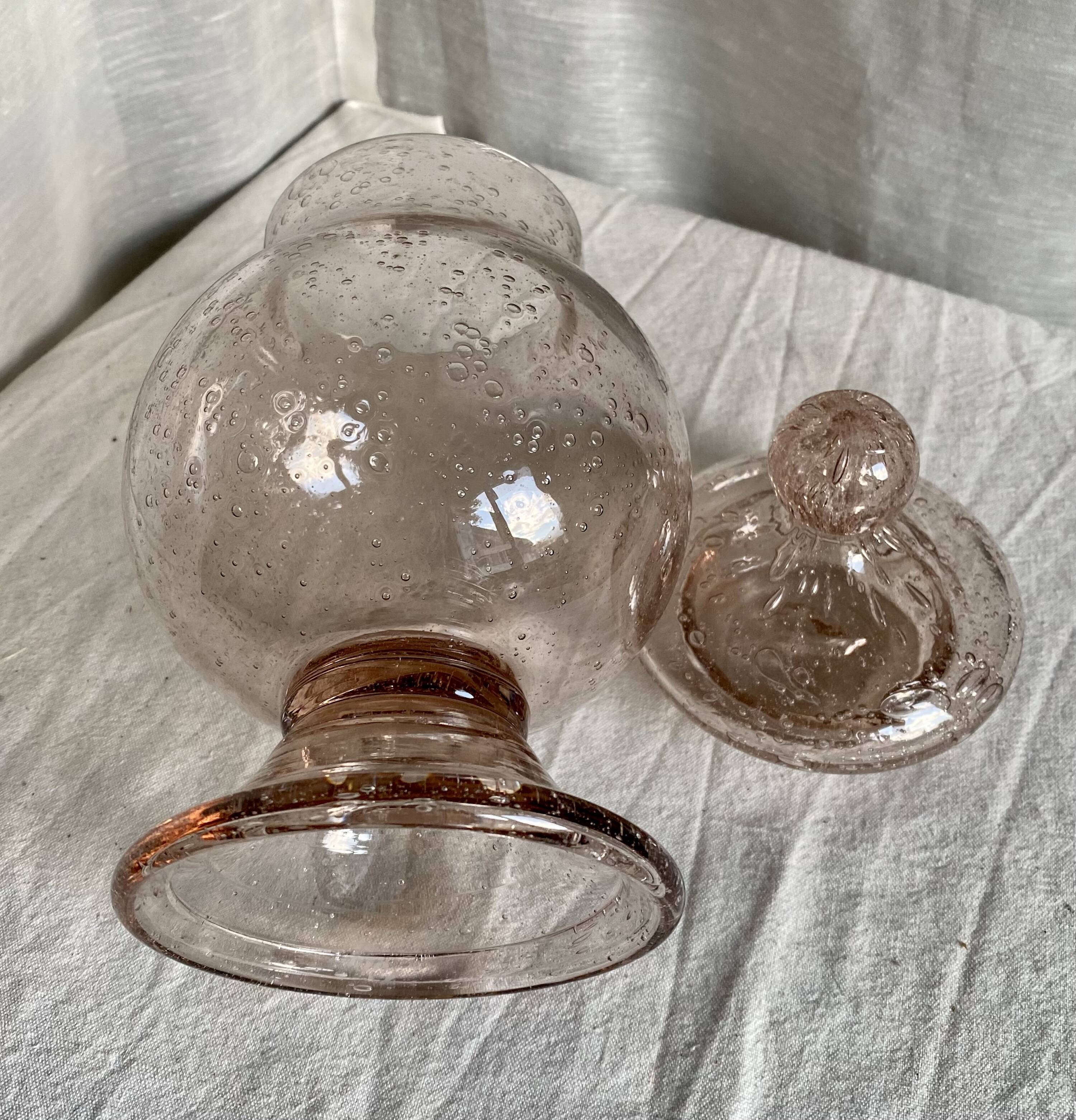 Lilac bubble glass jar with lid, signed Biot, vintage 1960-70