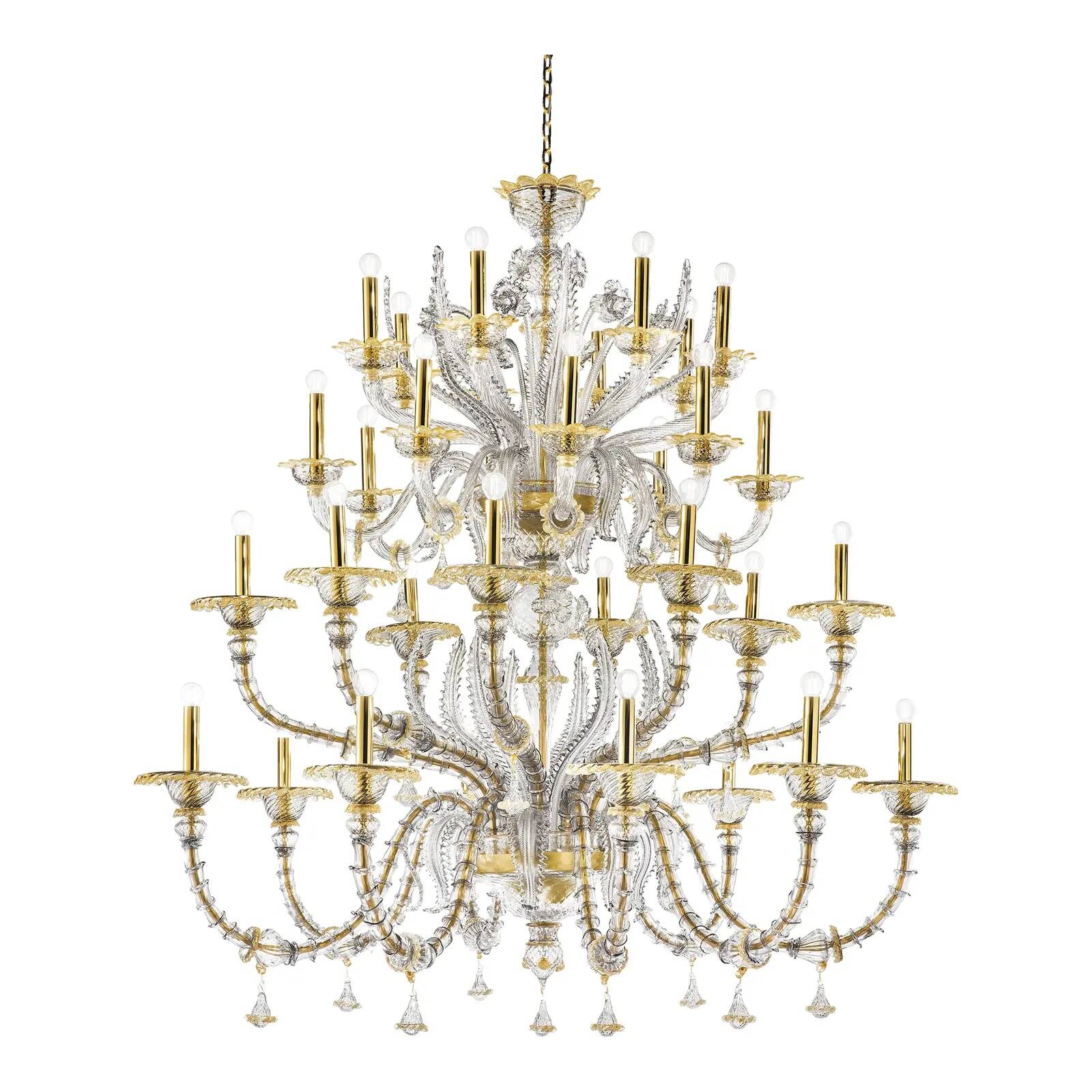 Elegant Huge Ca’ Rezzonico Murano Glass Chandelier With Gold Accents