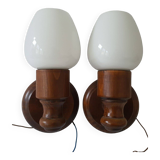 Set of wall lamp wooden support and vintage white opaline globe