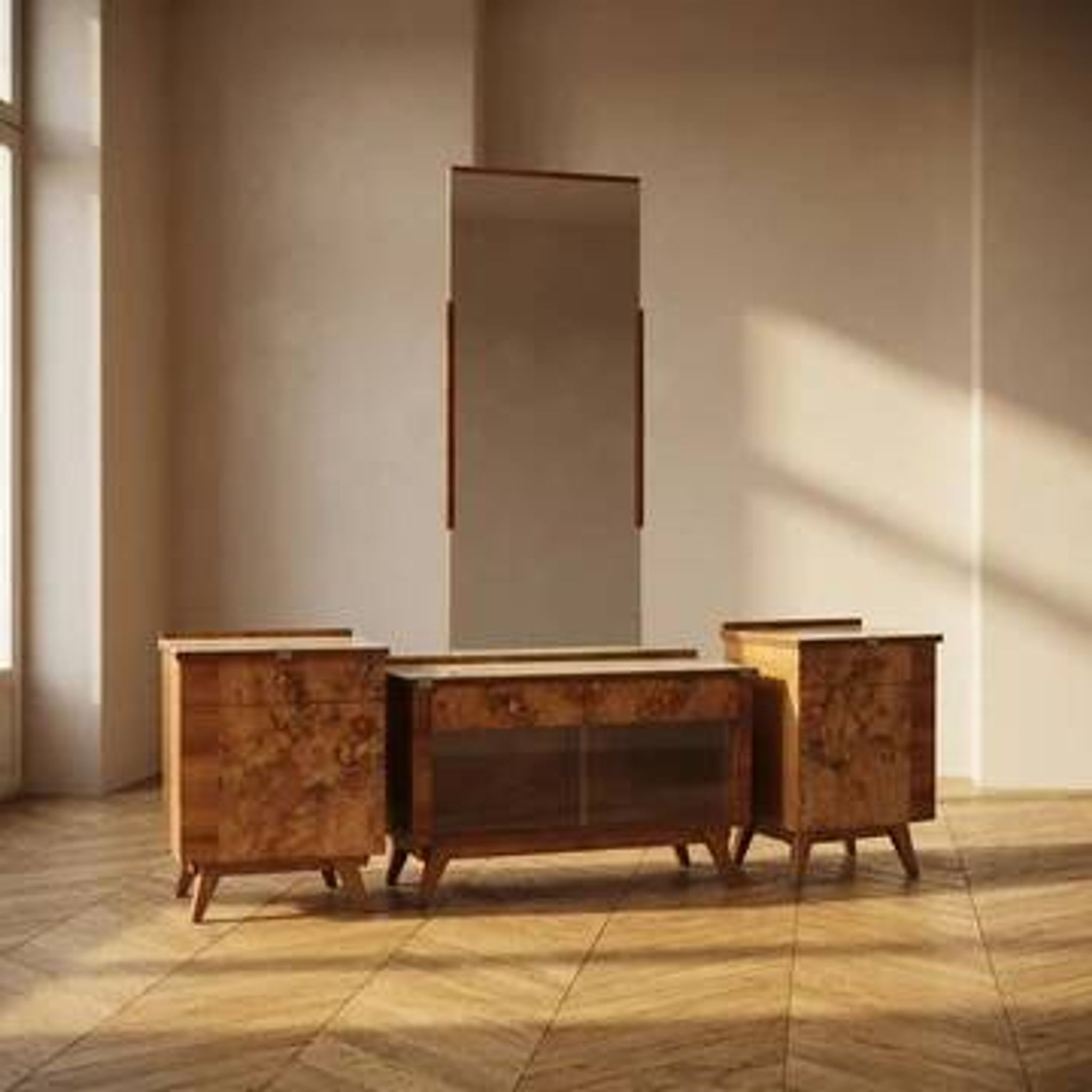 Coiffeuse vintage avec placage de noyer, grand miroir et armoires de rangement.