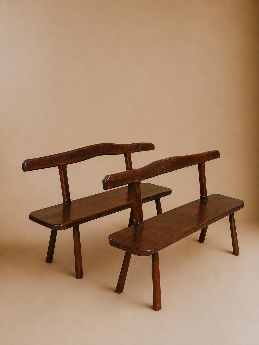 Dining table + 2 brutalist benches in vintage 1950s elm.