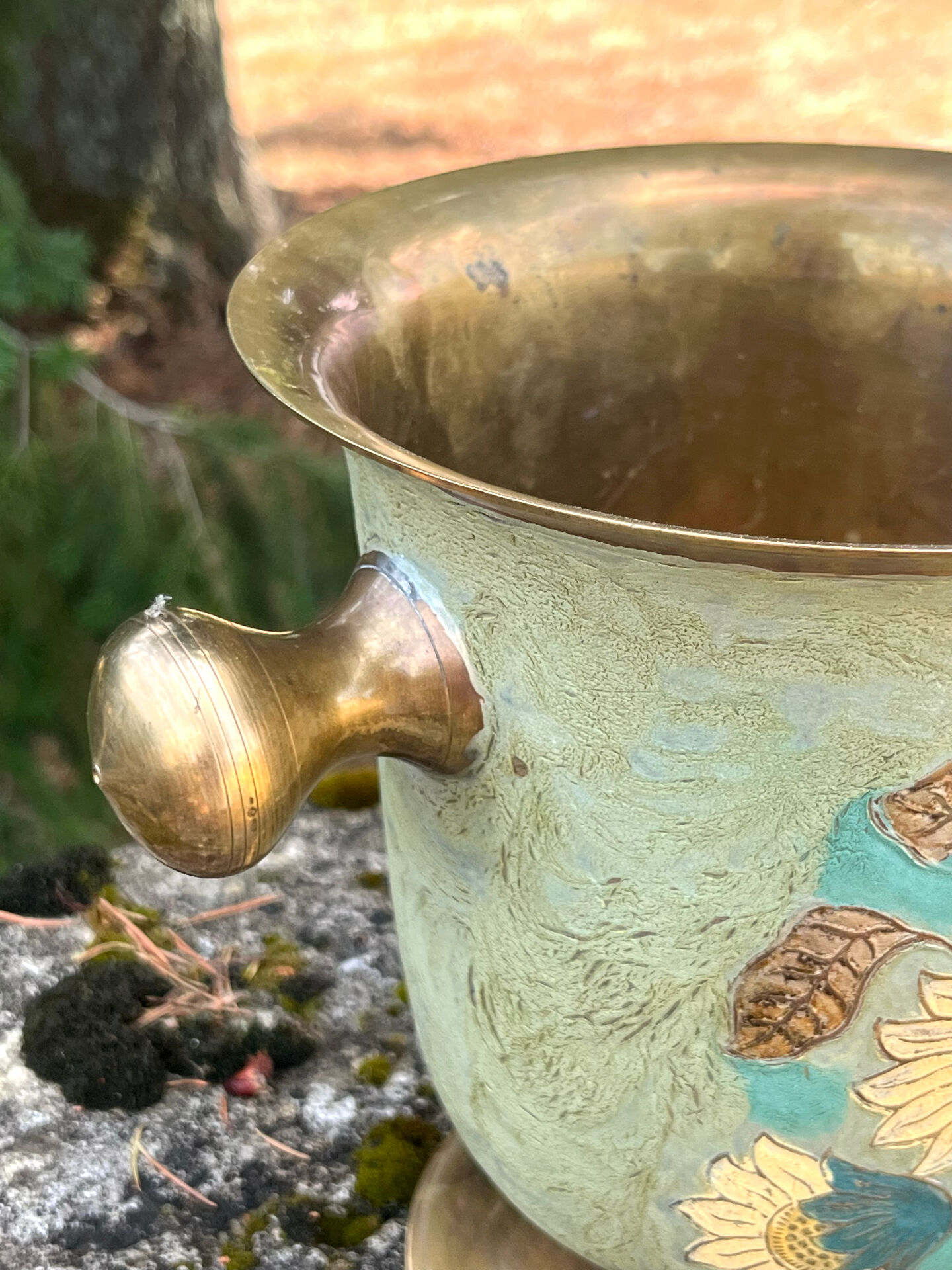 Cloisonne Brass champagne bucket with sunflower relief decoration