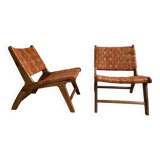 Pair of leather and walnut armchairs