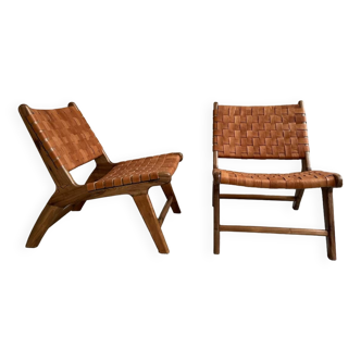 Pair of leather and walnut armchairs