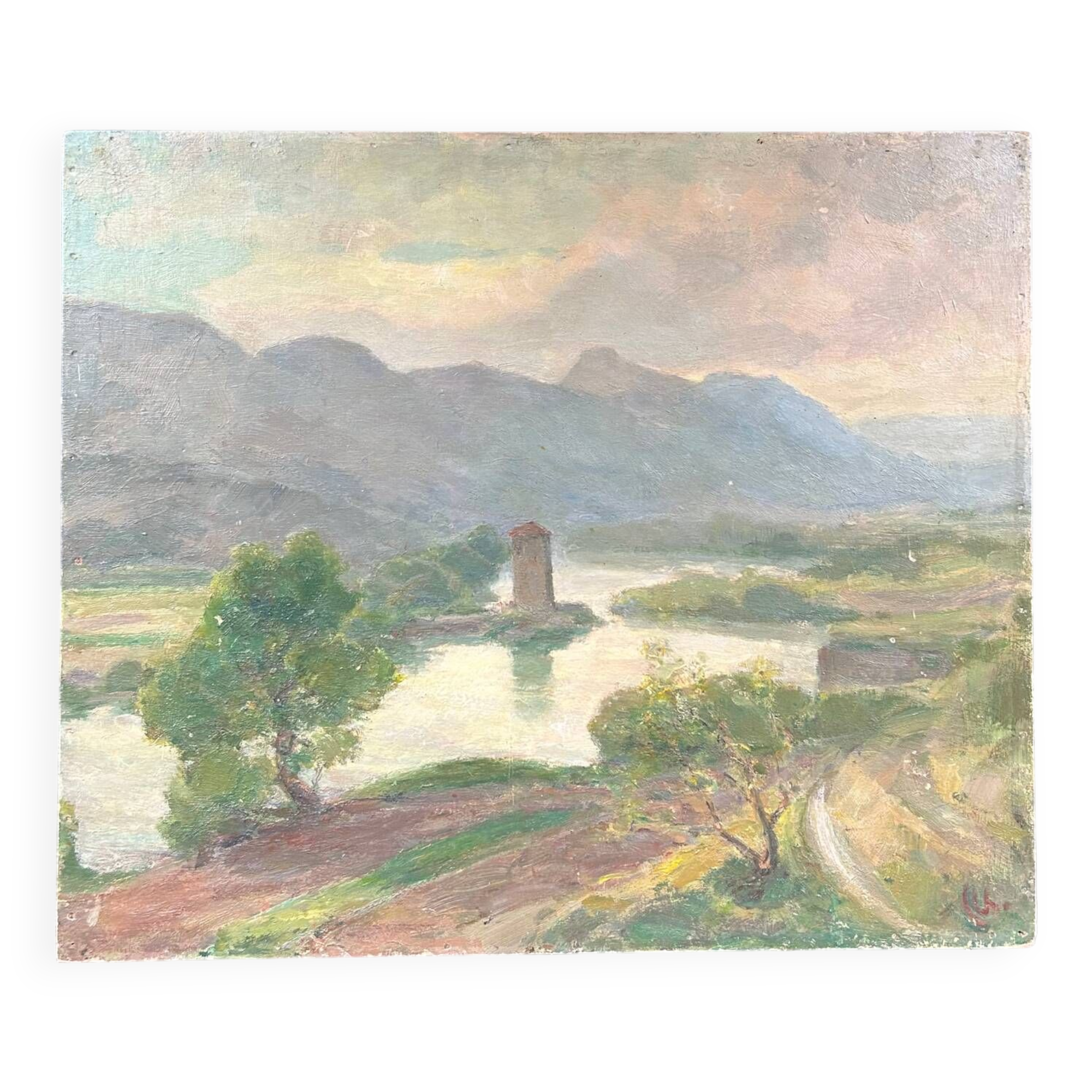 Antique painting of a lake and mountain landscape