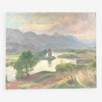 Tableau ancien paysage lac et montagne