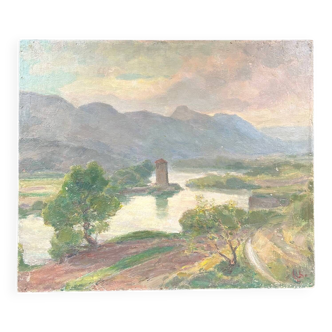 Tableau ancien paysage lac et montagne