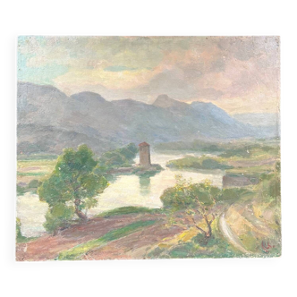 Old lake and mountain landscape painting