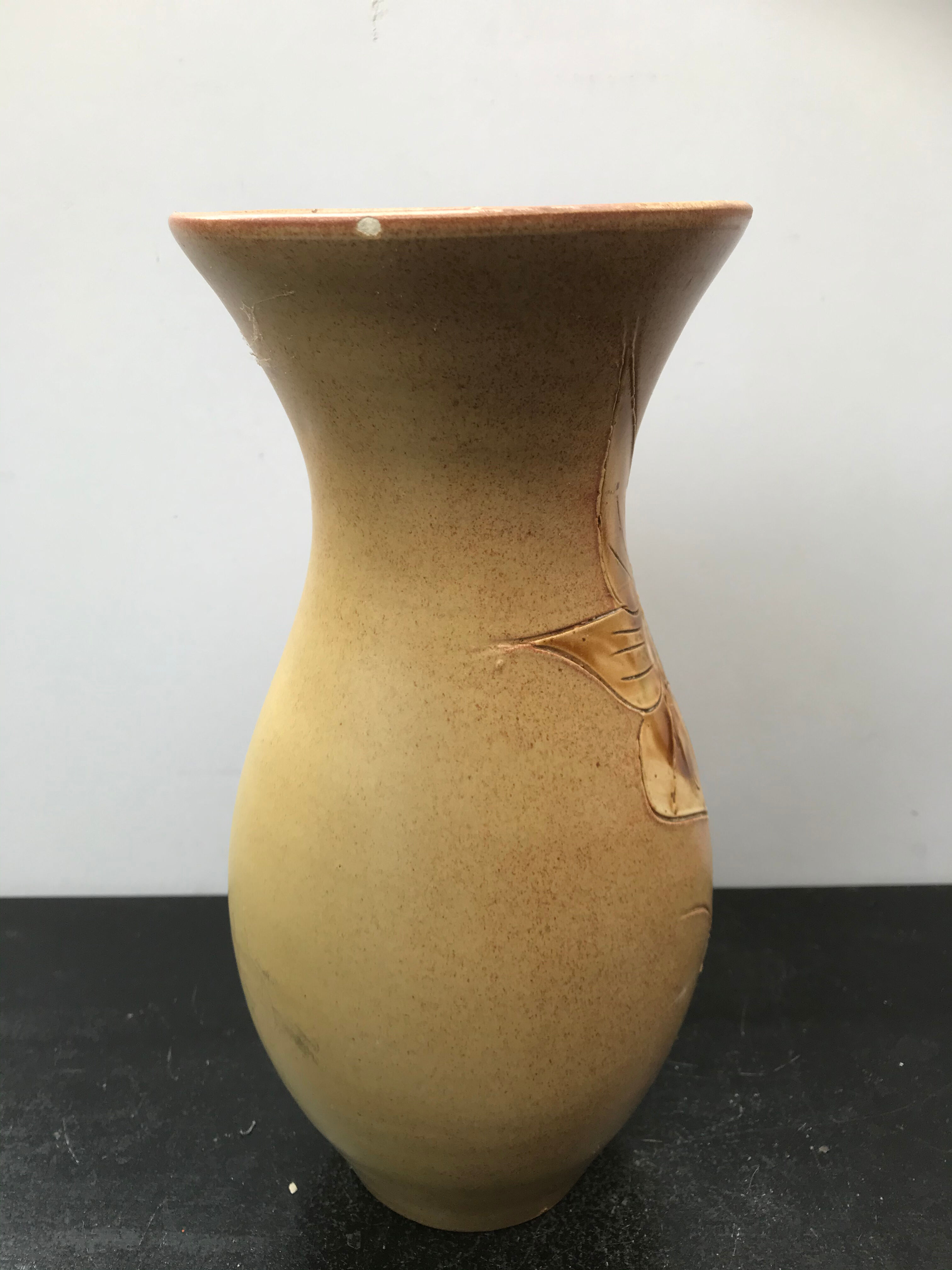 Old vase Vallauris ceramics beige decor vintage chiseled flowers