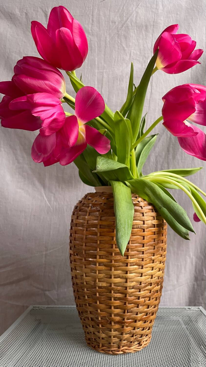 Vintage stoneware and rattan vase