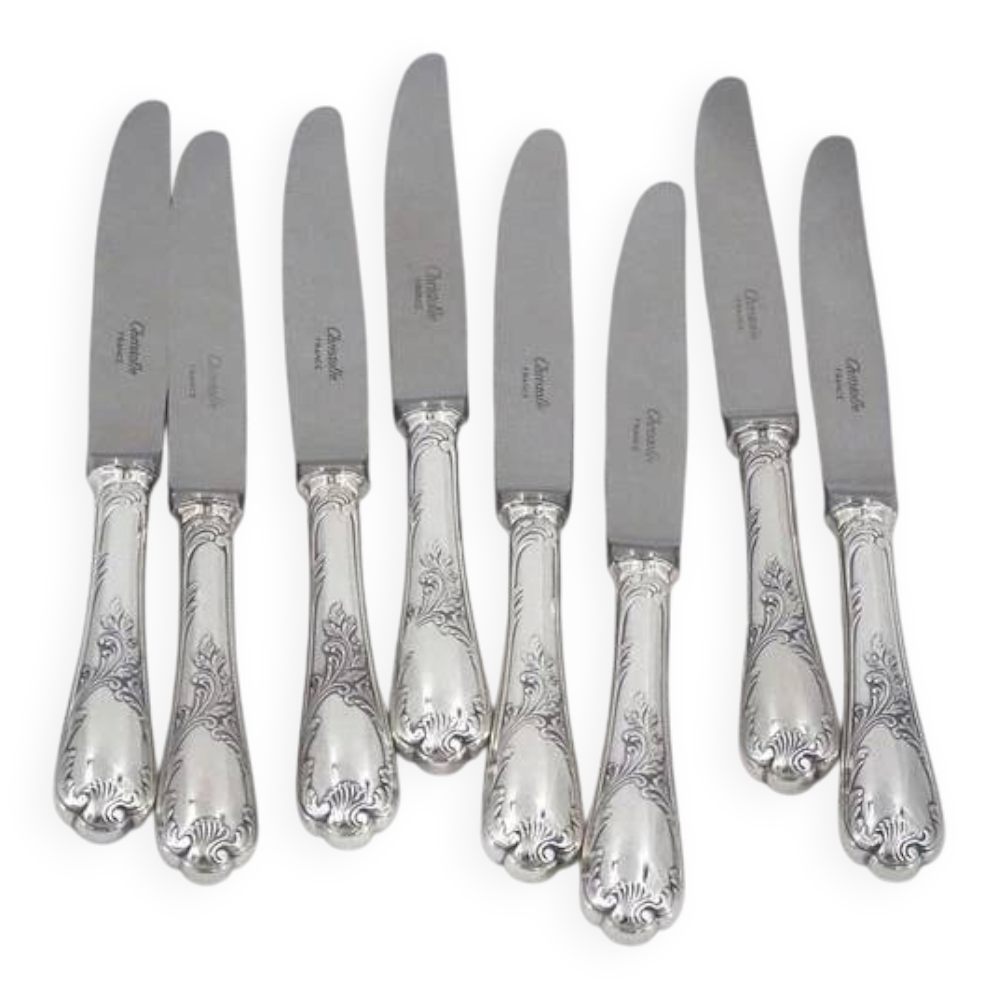 Christofle Marly, 8 dessert knives, for dessert and cheese, silver-plated metal, 19.5cm.
