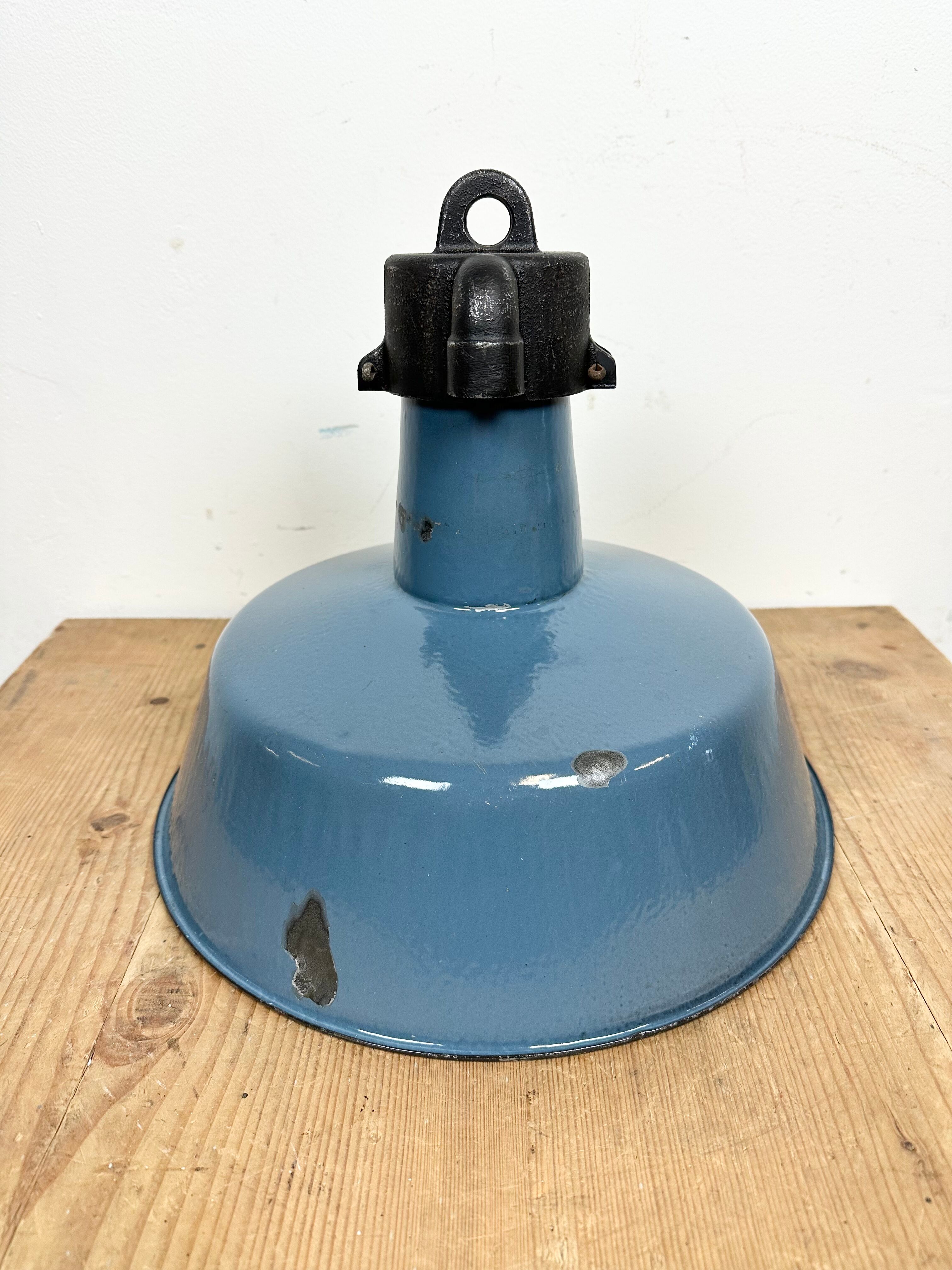 Industrial Blue Enamel Factory Lamp with Cast Iron Top, 1960s