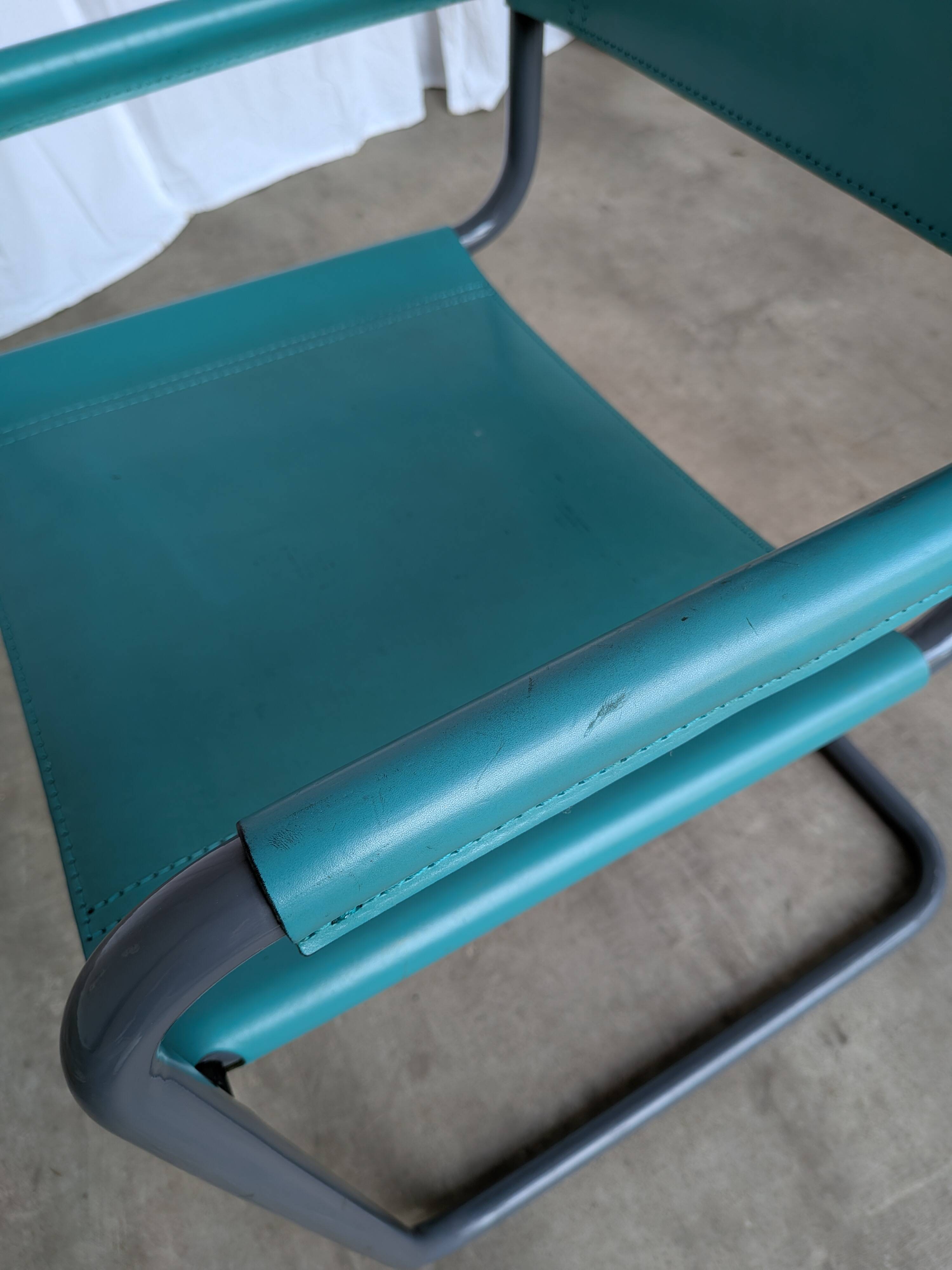 Vintage Mart Stam Style Armchair: Turquoise Leather, Black Chrome Cantileve