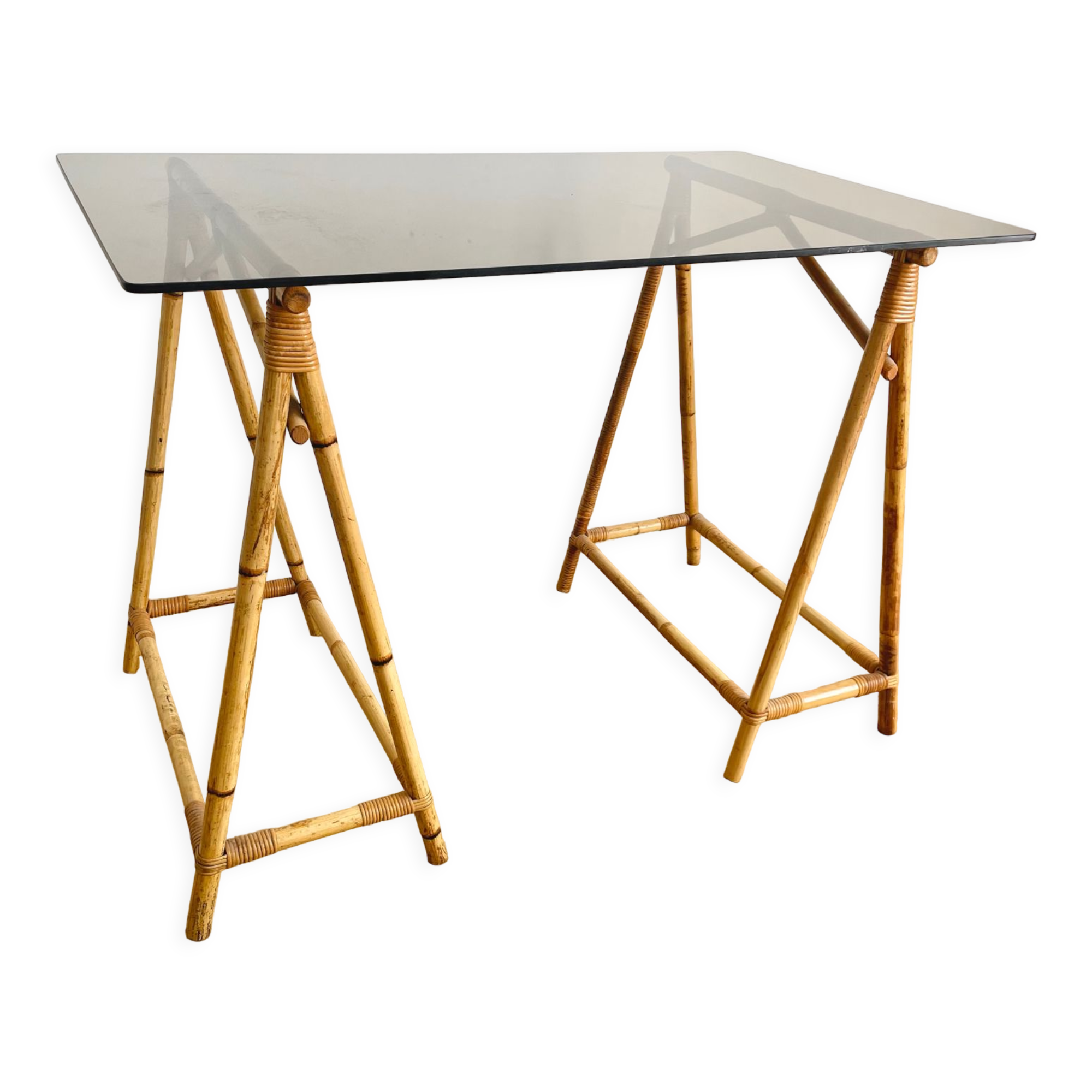 Rattan desk and smoked glass tray