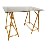 Rattan desk and smoked glass tray