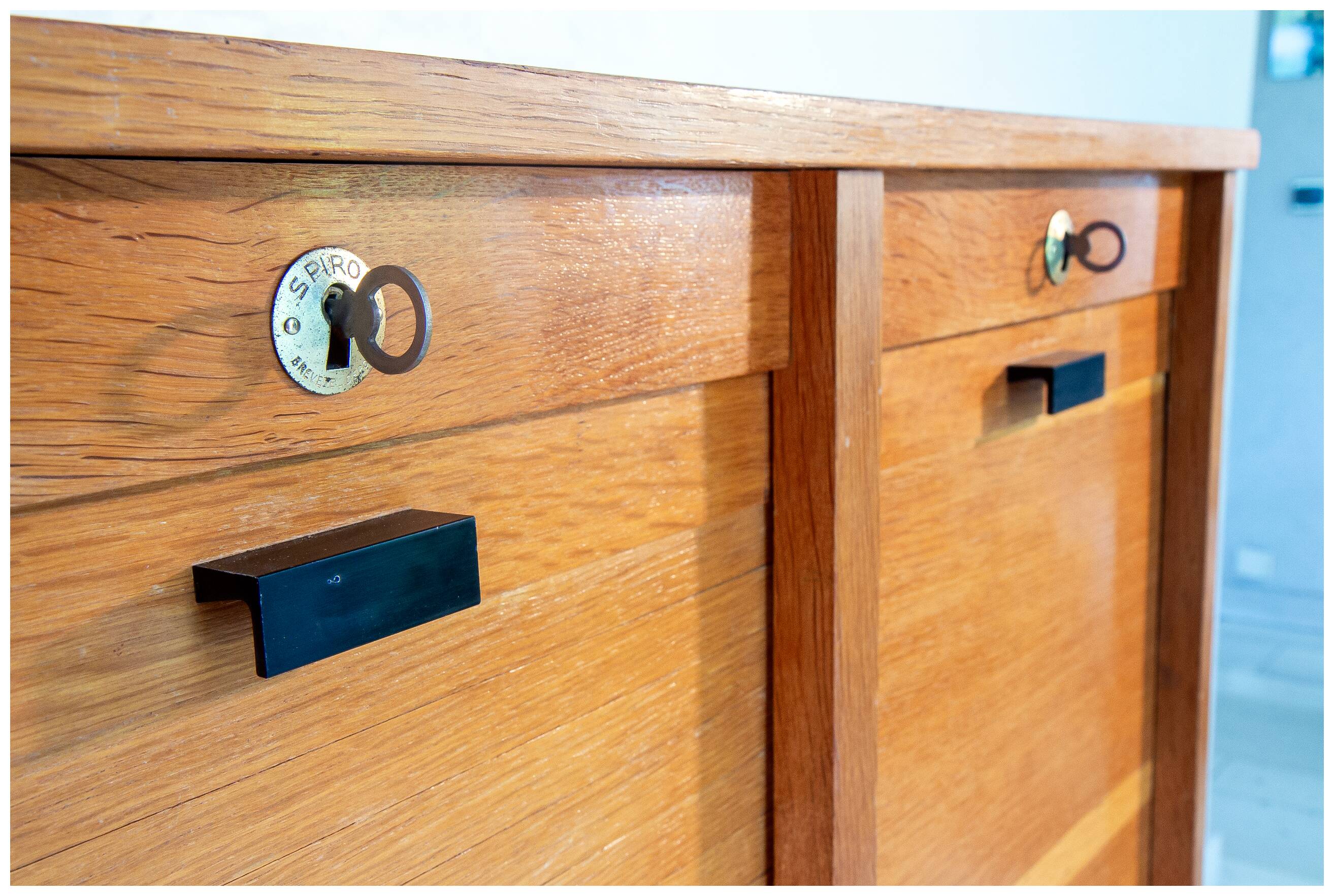 Double curtain file cabinet, 1950s, light oak