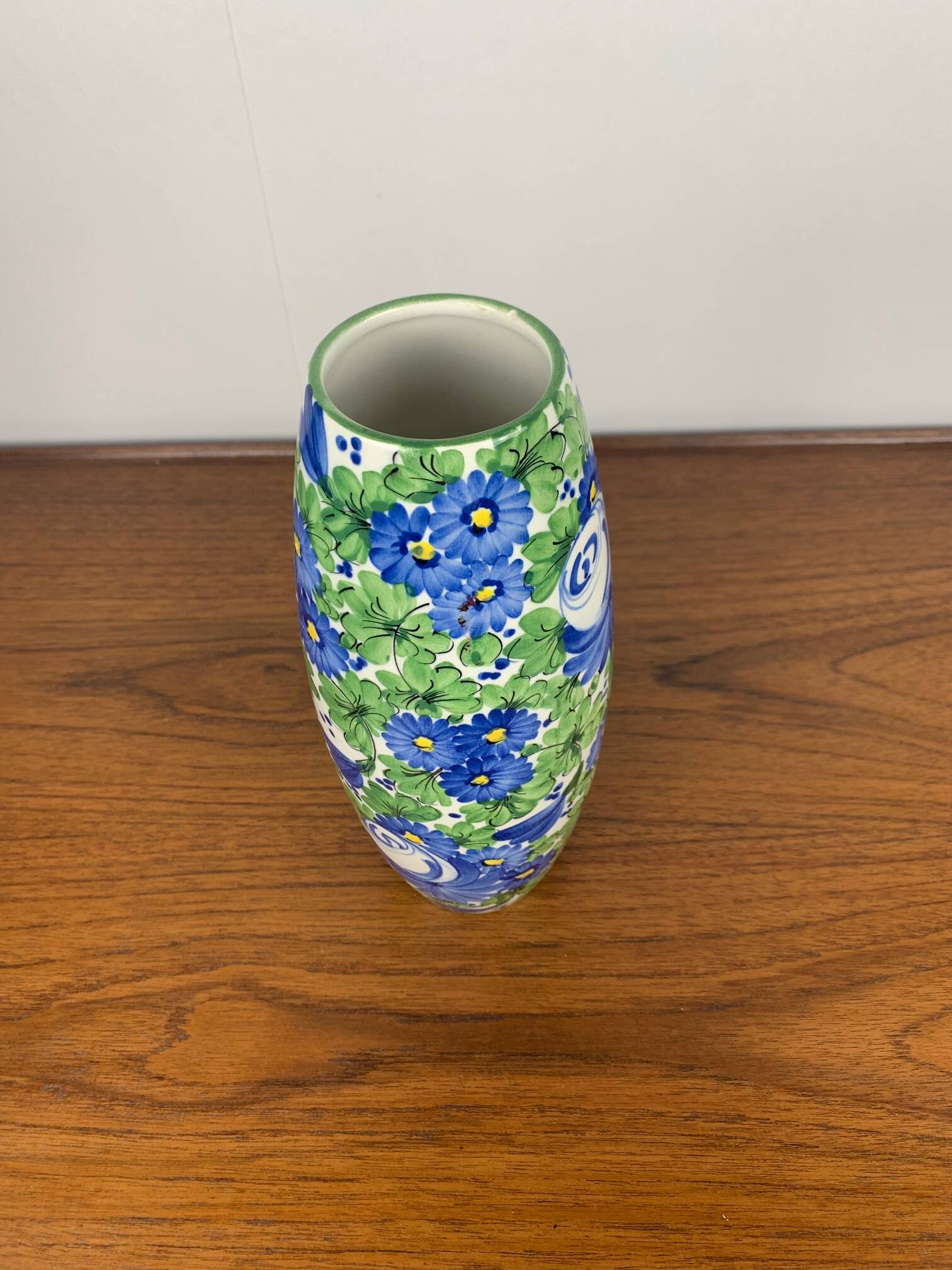 Italian San Marino Titano Vase, Green and Blue Floral Pattern, MCM