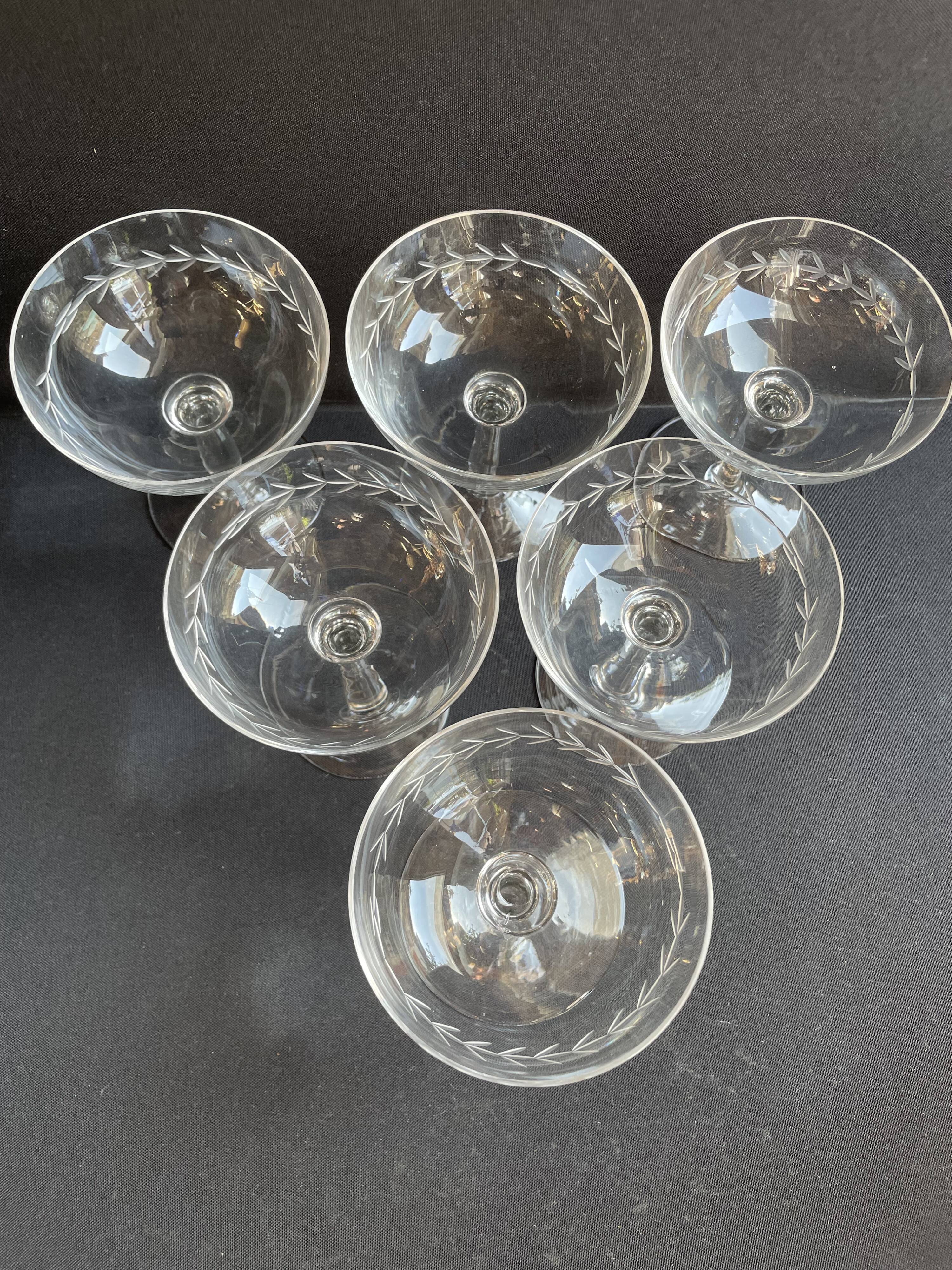 6 Blown and Cut Champagne Glasses