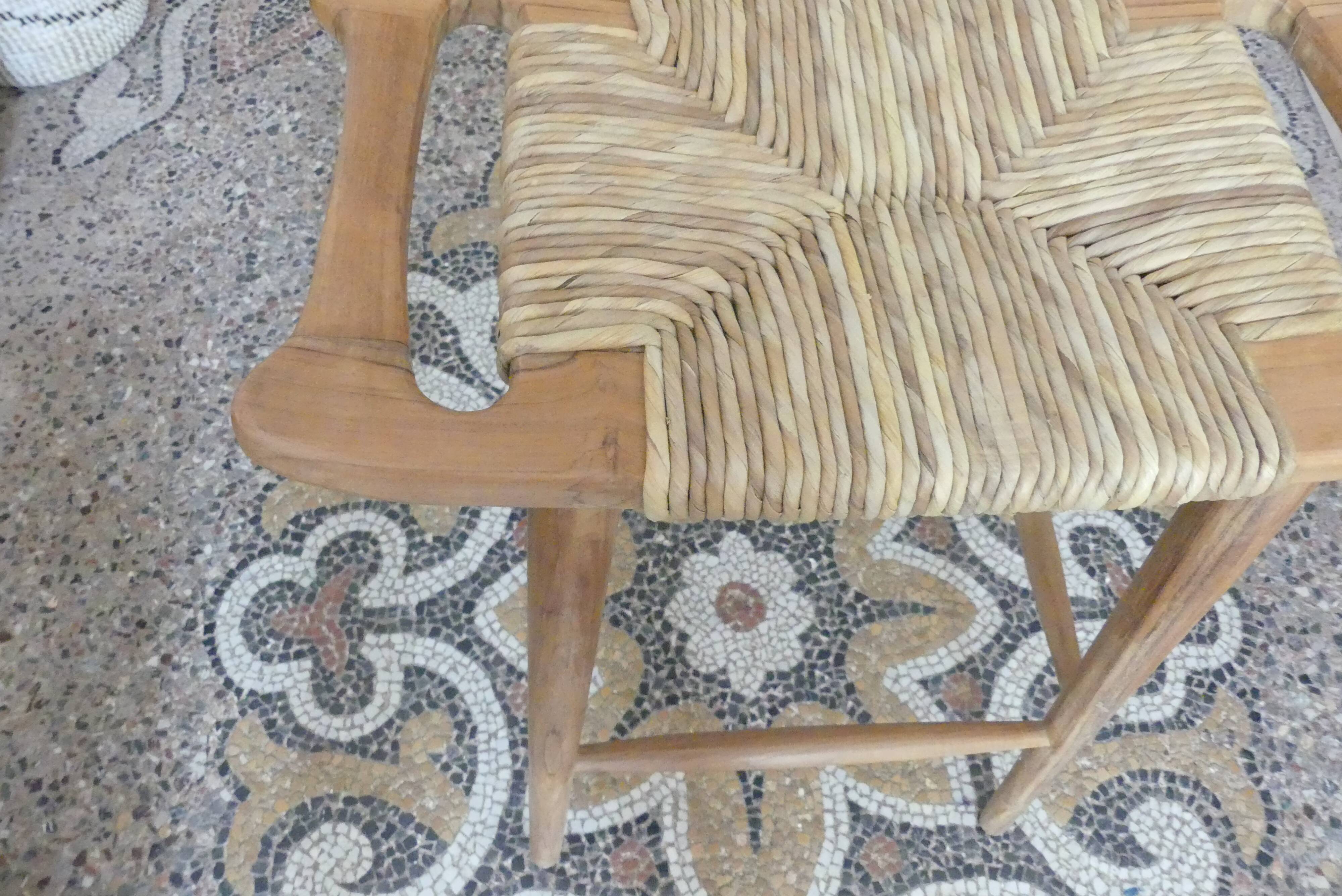 Tabouret de bar en teck et raphia