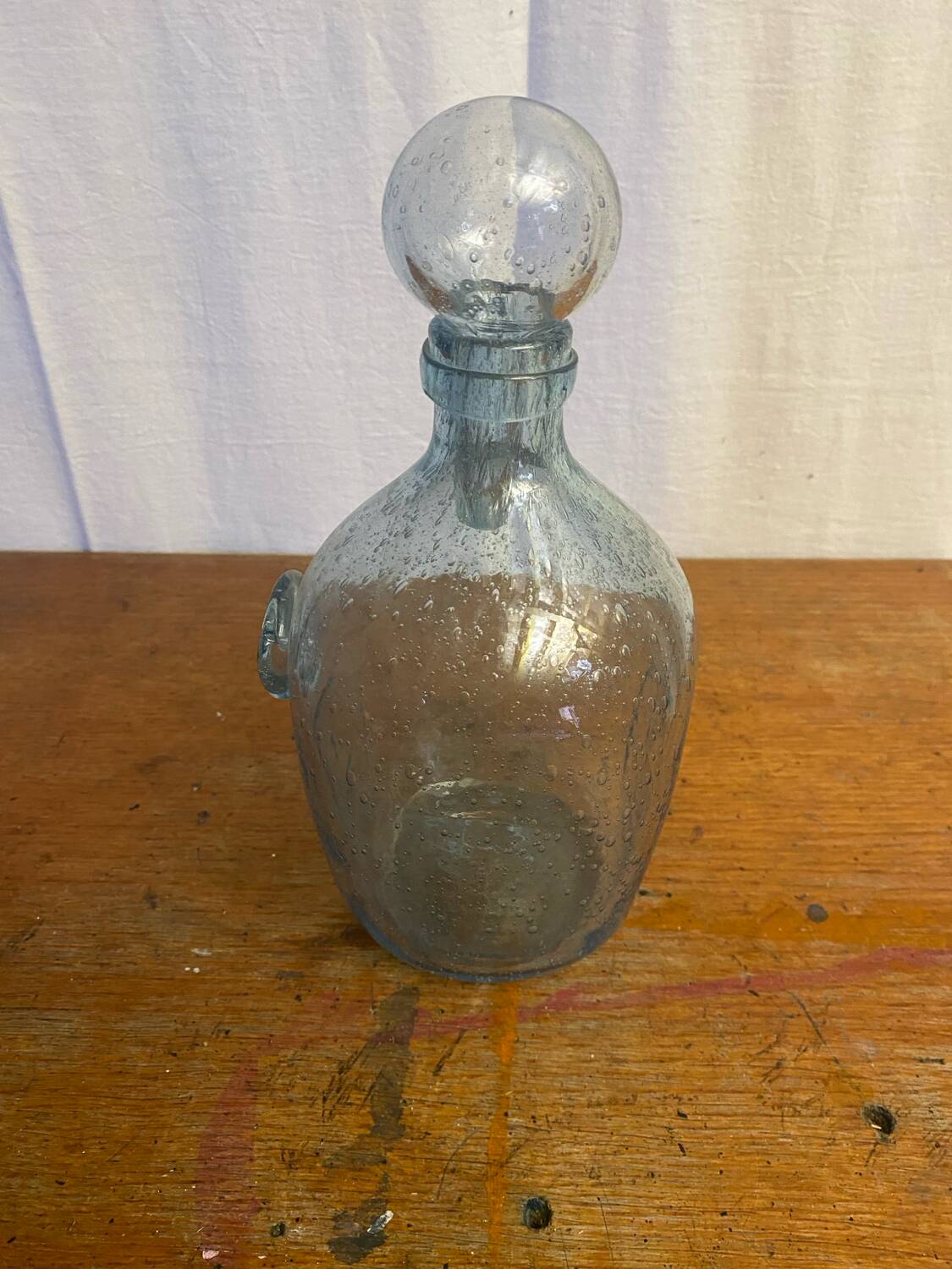 Antique Biot bottle blue bubble blown glass + vintage stopper