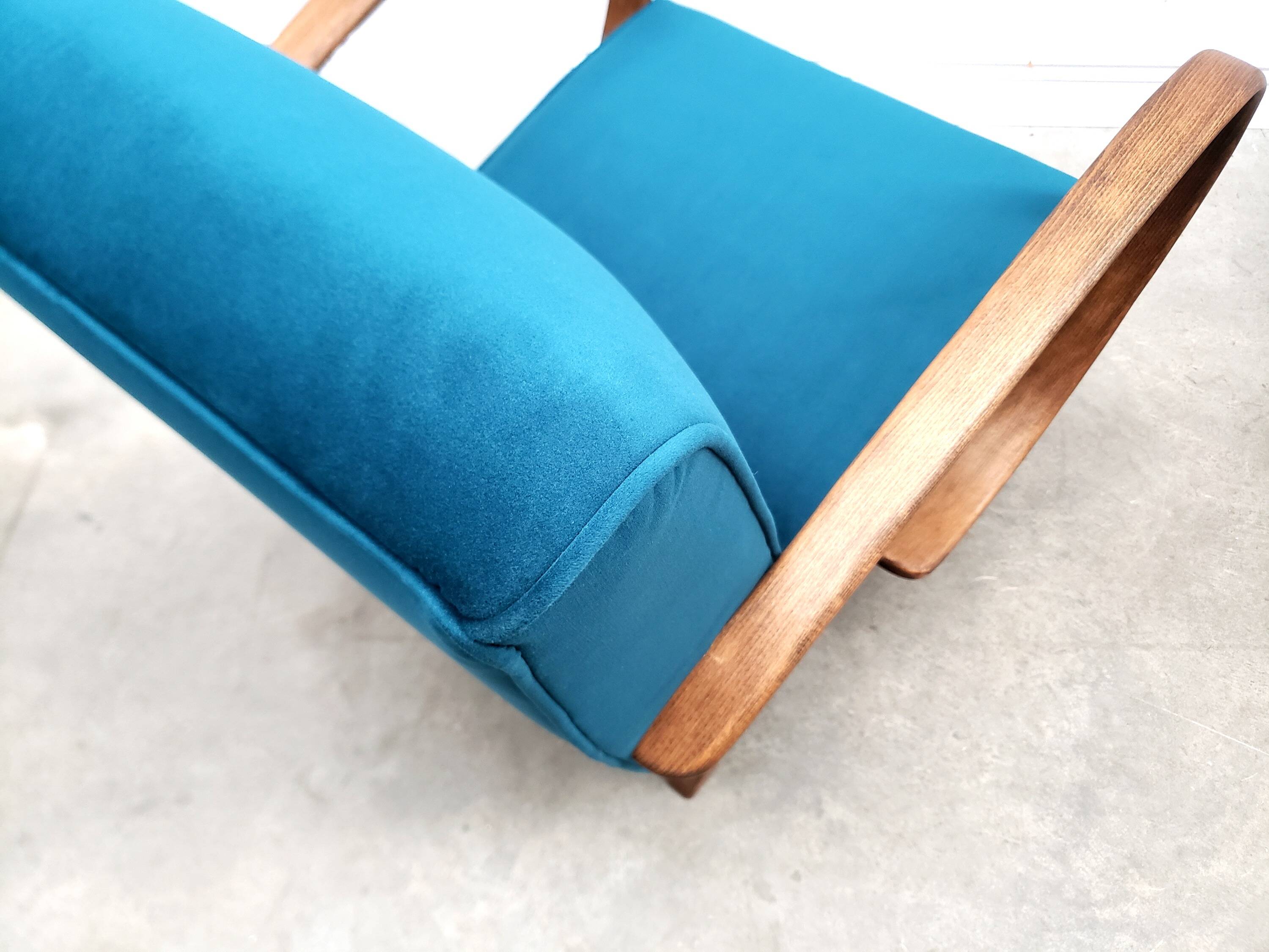 1930 Jindrich Halabala Bentwood Armchair in Teal Velvet