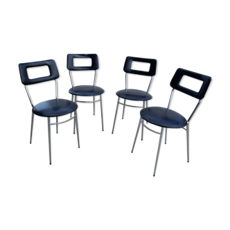 Set of 4 chrome and leatherette black kitchen chairs 1970