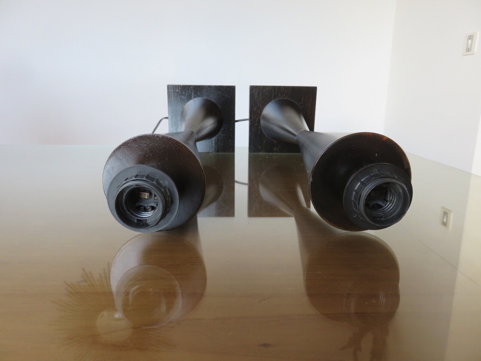 Pair of wooden diabolo lamps workshop lumen 80s