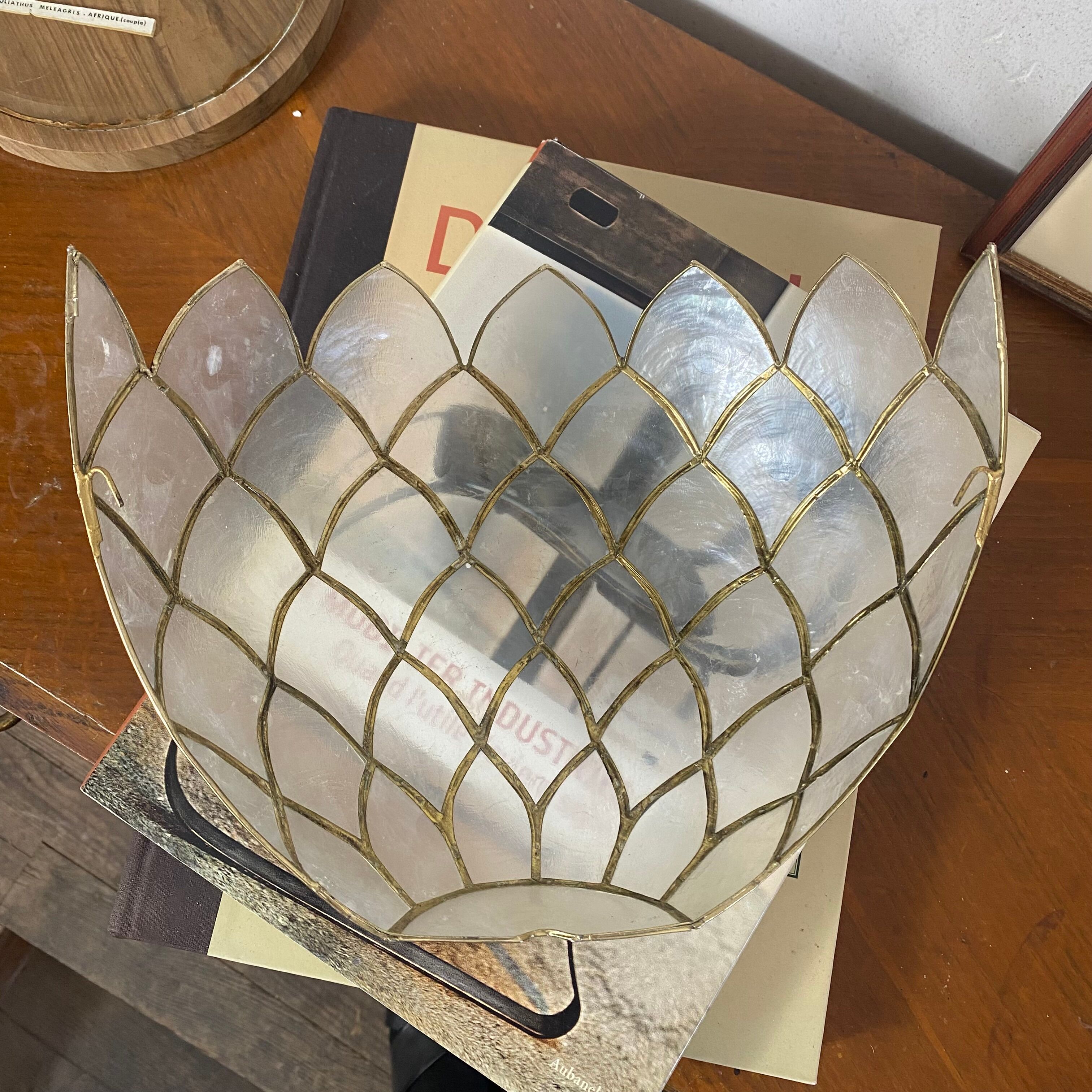 Pair of vintage capiz shell wall lights half moon 1950s 1960s