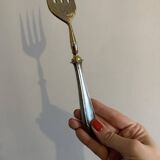 Engraved meat fork in silver and gold metal