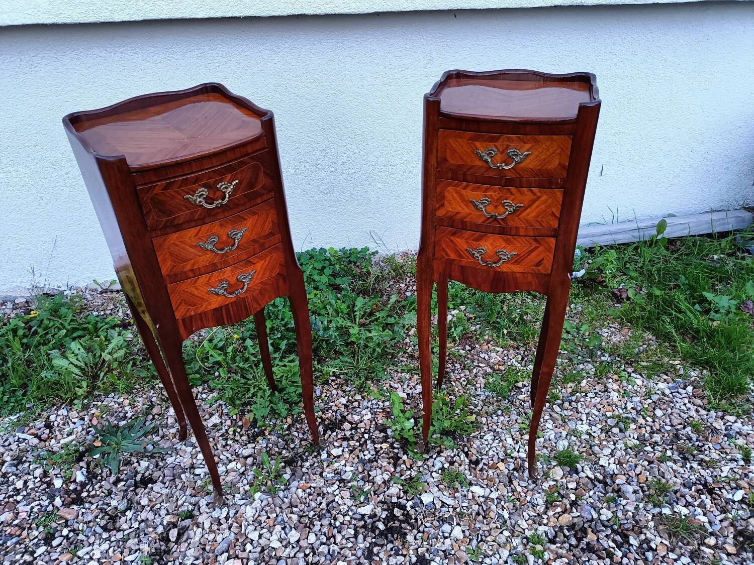 Pair of bedside tables in old Louis XV style marquetry