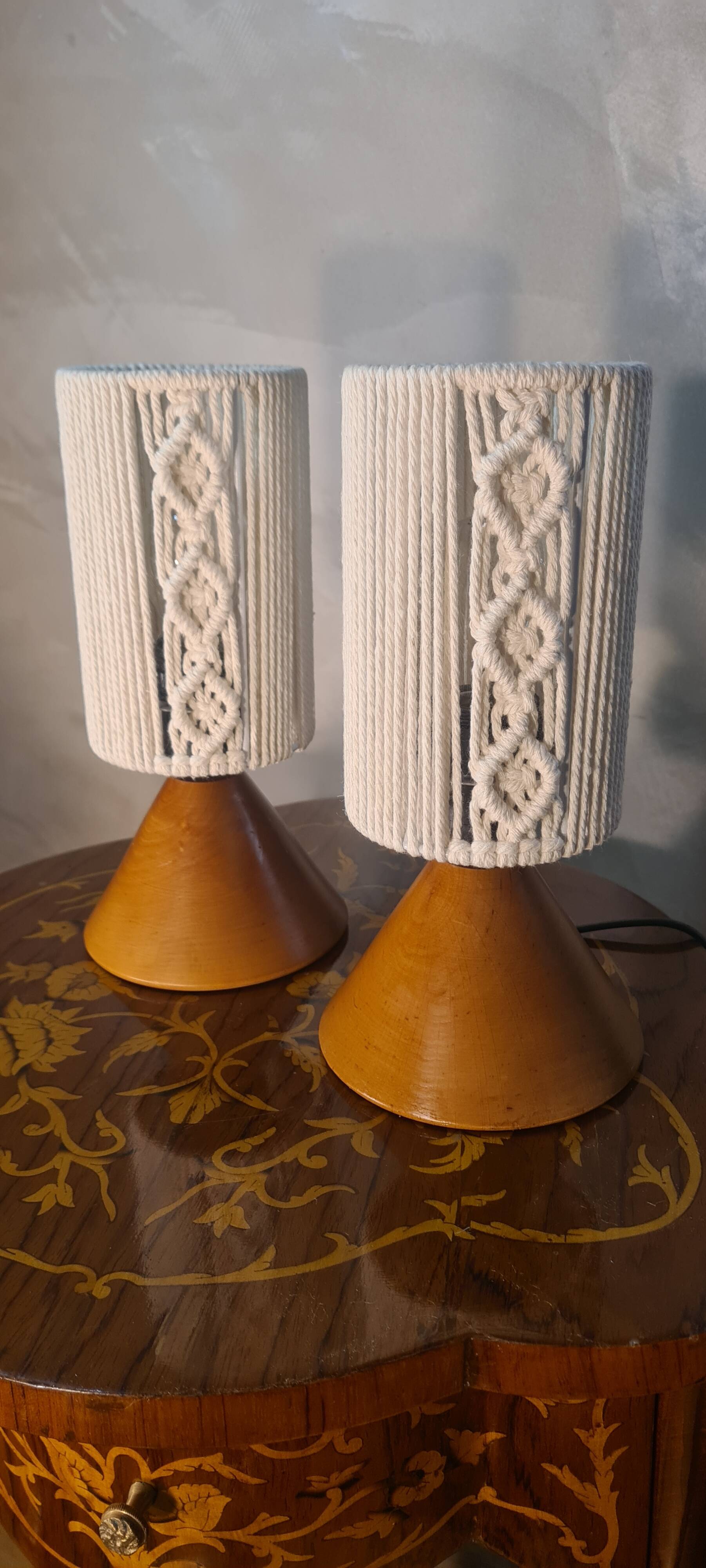 pair of Scandinavian conical wooden lamps with braided cord lampshade 28x12