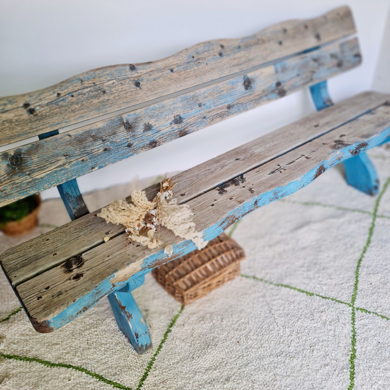 Outdoor bench in patinated blue solid wood