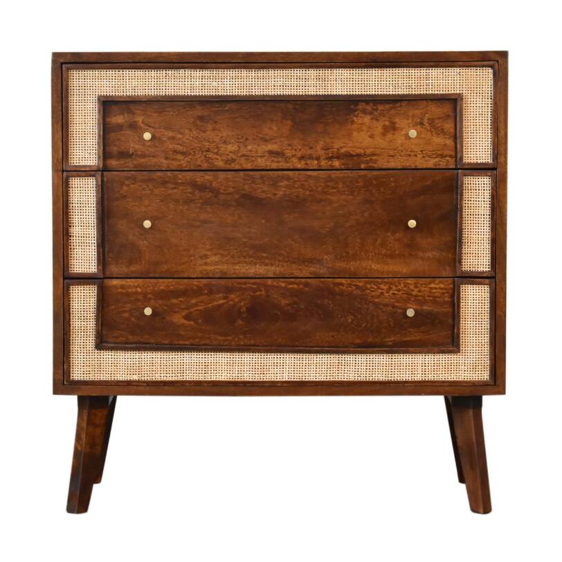 Mid-Century Modern Style Solid Mango Wood Chest of Drawers with Woven Rattan Accents - Close-knit Ch