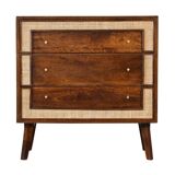 Mid-Century Modern Style Solid Mango Wood Chest of Drawers with Woven Rattan Accents - Close-knit Ch