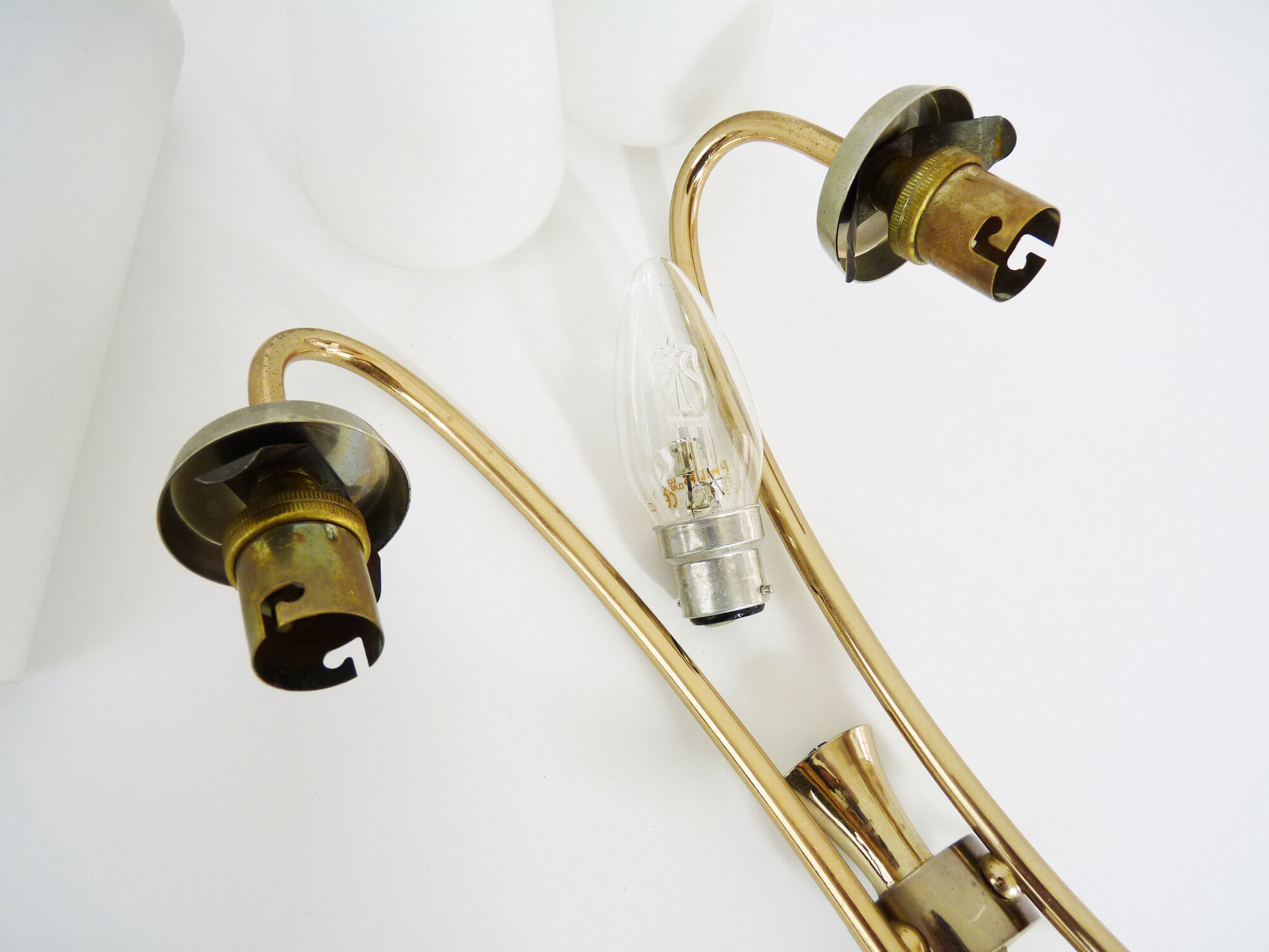 Pair of brass wall sconces and double tube in white opaline 1960
