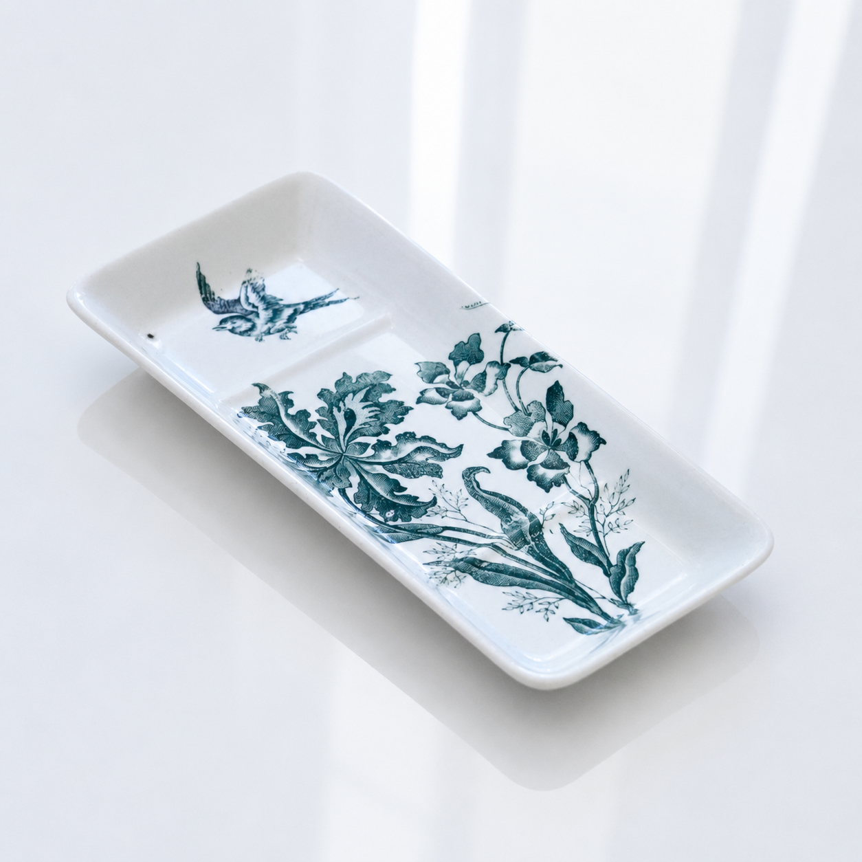 Ravier soap dish 19th century ironstone signed Moulin des Loups "Orchids"