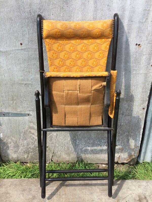 Fauteuil chaise pliante Napoléon III bois noir & tissu jaune vintage